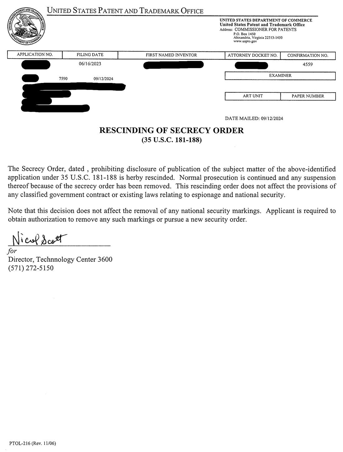 Rescinding of Secrecy Order, mailed September 12, 2024