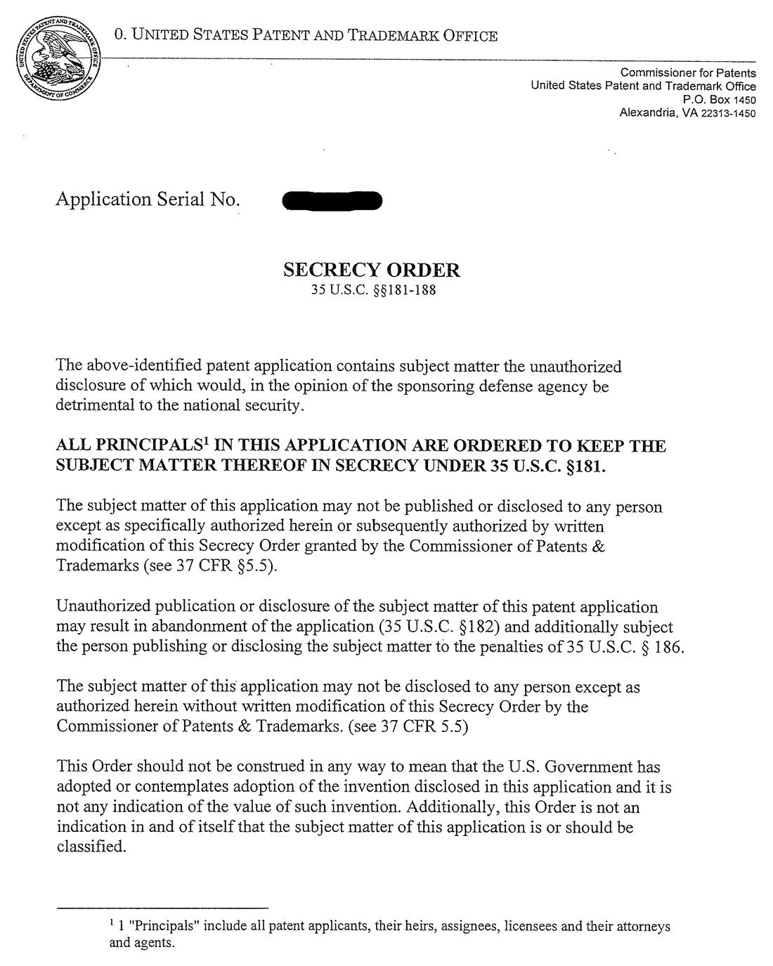 Secrecy Order issued under 35 U.S.C. 181, mailed August 16, 2024